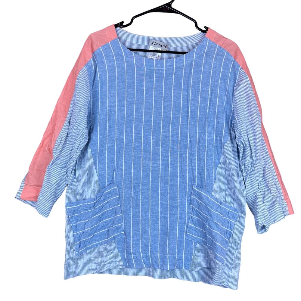 A La Carte Womens Blouse Blue Pink Striped Linen Blend 3/4 Sleeve Tunic Medium